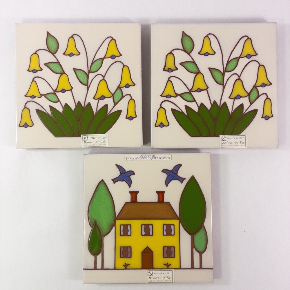 3 Besheer Art Tiles Trivets Lilly of Valley & House Blue Birds Home Decor EC